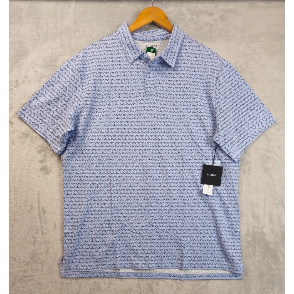 01.ALGO Mens XL Printed Micro Pique Golf Polo Performance Geometric Striped Blue